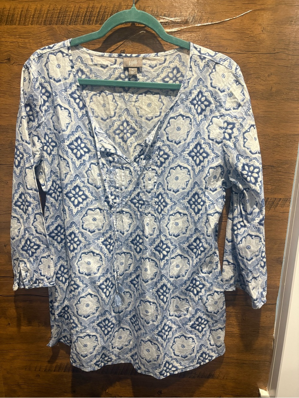 J. Jill Light Blue Printed Lace-Up V-Neck Women's Top - Picture 2 of 6